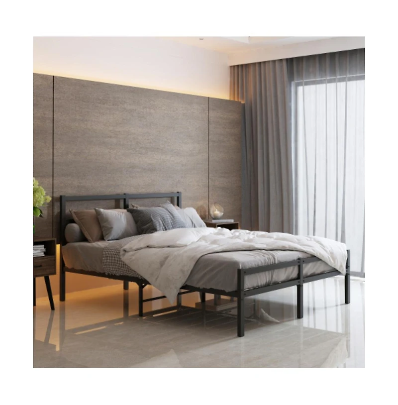 Lucky One Full Size Foldable Platform Bed Frame with Headboard, Heavy Duty Metal Slats, Noise-Free, No Box Spring Needed