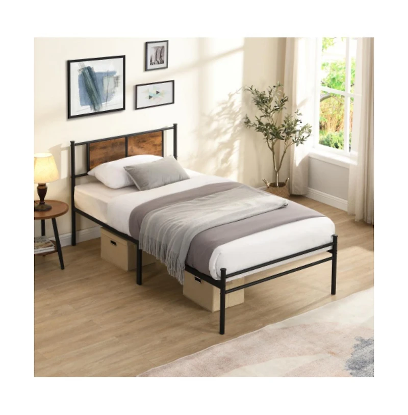 Lucky One Twin Size Metal Bed Frame with Wood Panel Headboard, Steel Structure, No Box Spring Needed