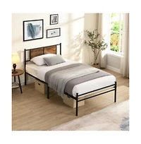 Lucky One Twin Size Metal Bed Frame with Wood Panel Headboard, Steel Structure, No Box Spring Needed