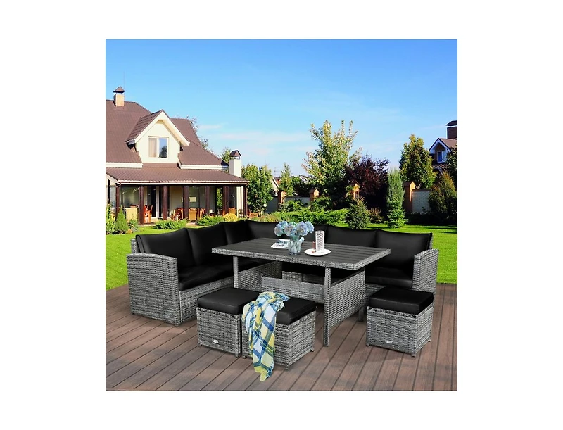 Mondawe 7 Pieces Patio Rattan Dining Furniture Sectional Sofa Set with Wicker Ottoman