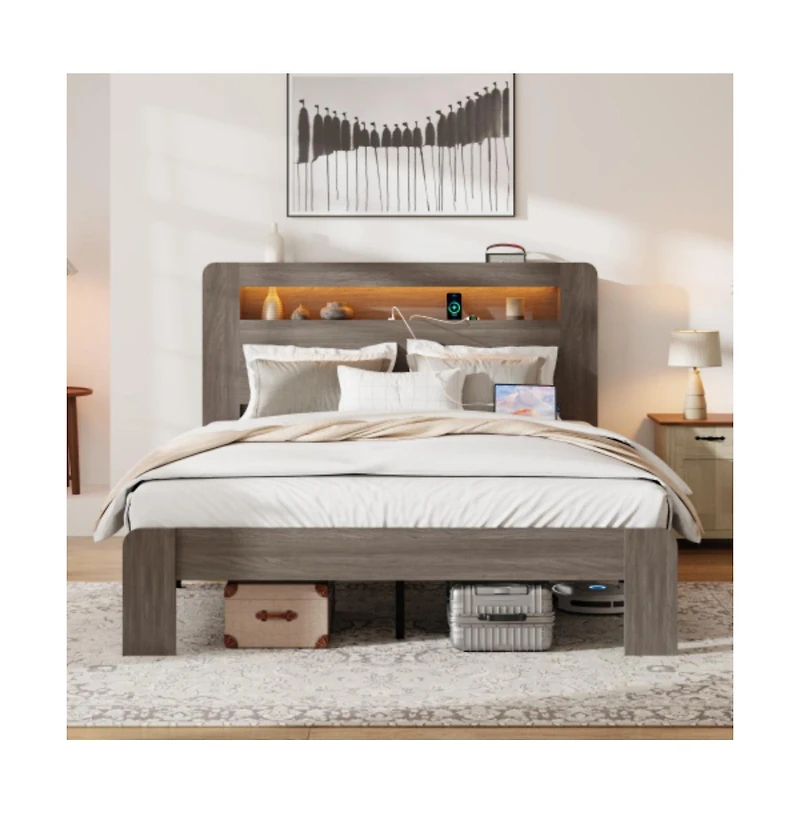 Lucky One Full Size Wood Platform Bed Frame with Storage Led Headboard, Usb Ports, Wood Slats, No Box Spring Needed