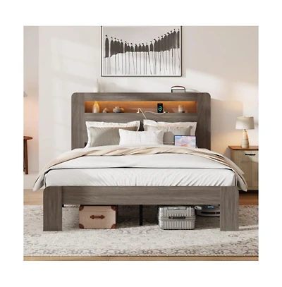 Lucky One Full Size Wood Platform Bed Frame with Storage Led Headboard, Usb Ports, Wood Slats, No Box Spring Needed