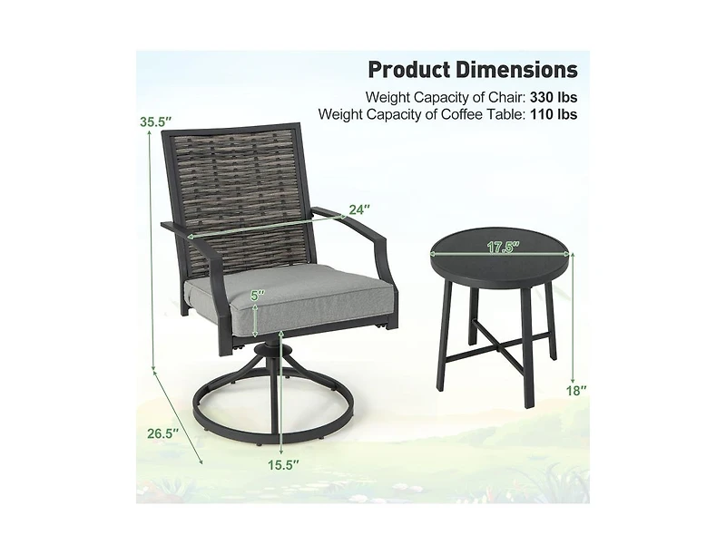 Mondawe 3 Piece Patio Swivel Chair Set with Soft Seat Cushions for Backyard