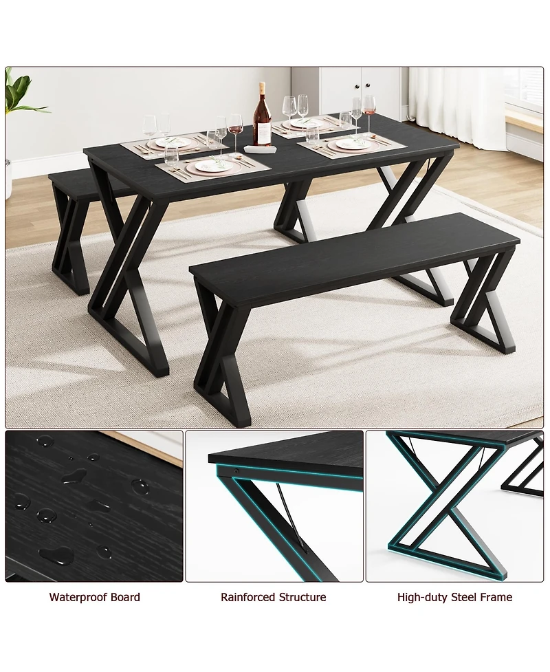homfan Kitchen Table with Benches, Dining Table Benches Set for 4-6, Rectangular Kitchen Table Set with Sturdy Metal Frame, for Kitchen, Dining Room