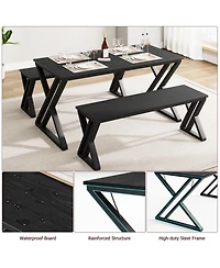 homfan Kitchen Table with Benches, Dining Table Benches Set for 4-6, Rectangular Kitchen Table Set with Sturdy Metal Frame, for Kitchen, Dining Room