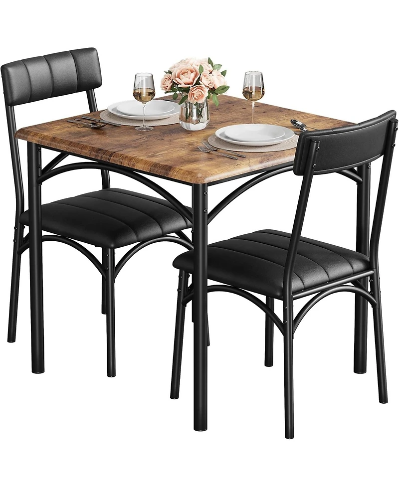 homfan Compact 3 Piece Dining Table Set for 2 Square Table with Upholstered Chairs, Metal and Wood Construction for Small Spaces Apartments Studios
