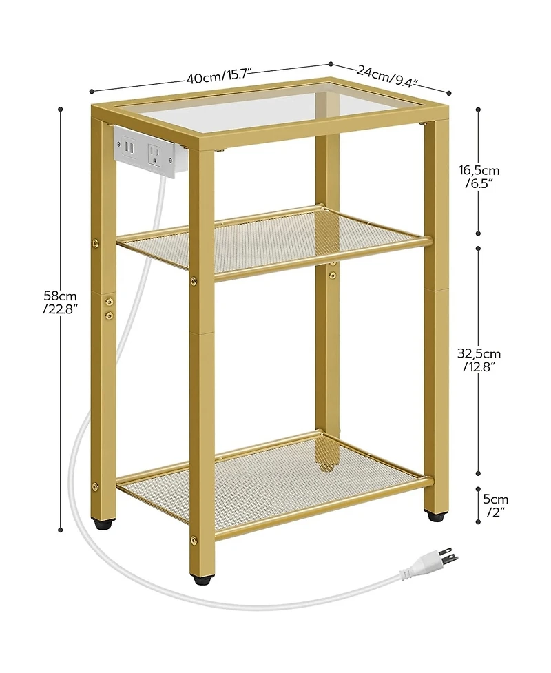 Slickblue End Table with Charging Station, 3-Tier Glass Shelves and Usb Ports