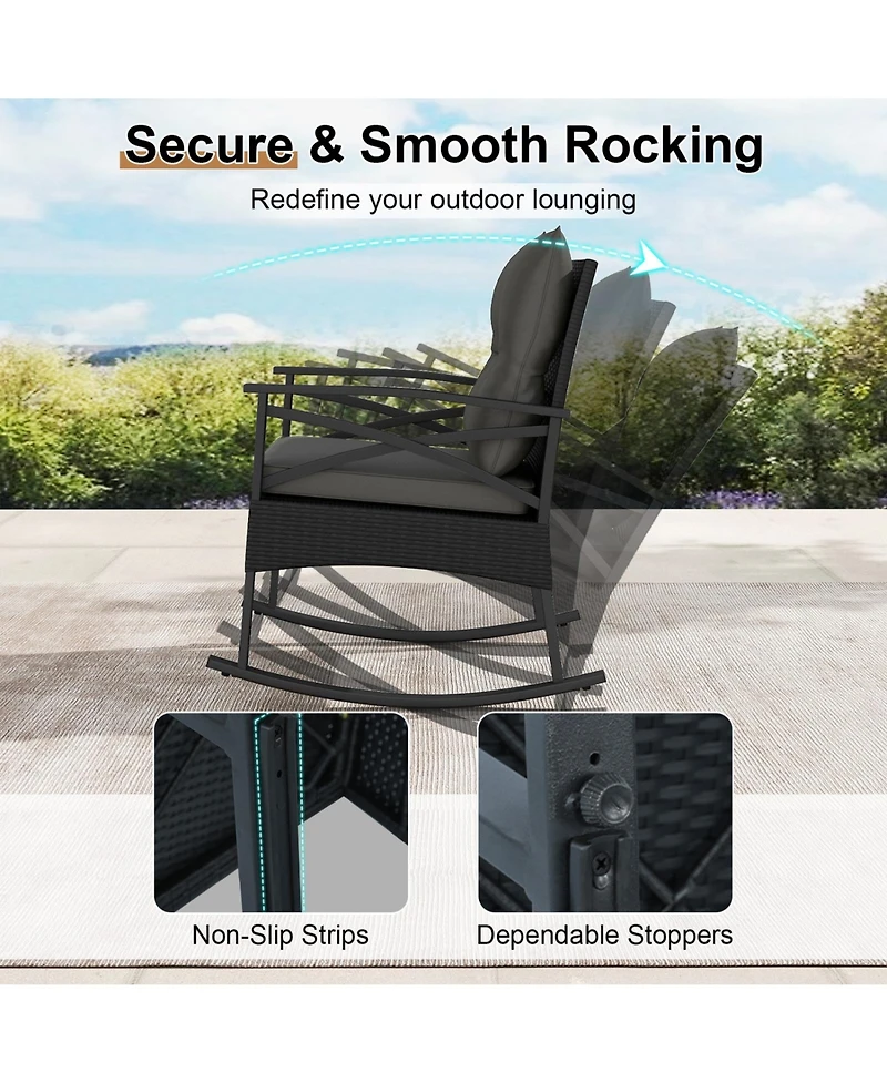 Sugift 3-Piece Pe Rattan Outdoor Rocking Chair Set with 2-Tier Side Table