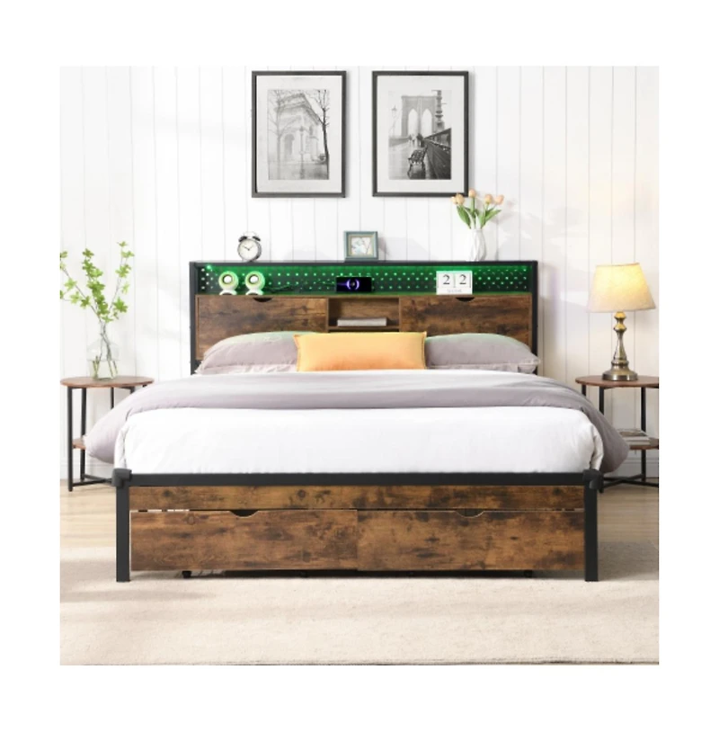 Lucky One Queen Size Platform Bed Frame with Led Lights and Usb Outlets, Storage Drawers, Headboard Compartments, No Box Spring Needed