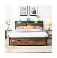 Lucky One Queen Size Platform Bed Frame with Led Lights and Usb Outlets, Storage Drawers, Headboard Compartments, No Box Spring Needed