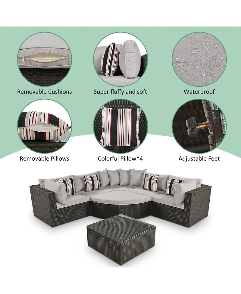 Asagikoiai 7-Piece Outdoor Wicker Patio Sectional Sofa Set with Cushions and Colorful Pillows