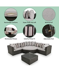 Asagikoiai 7-Piece Outdoor Wicker Patio Sectional Sofa Set with Cushions and Colorful Pillows