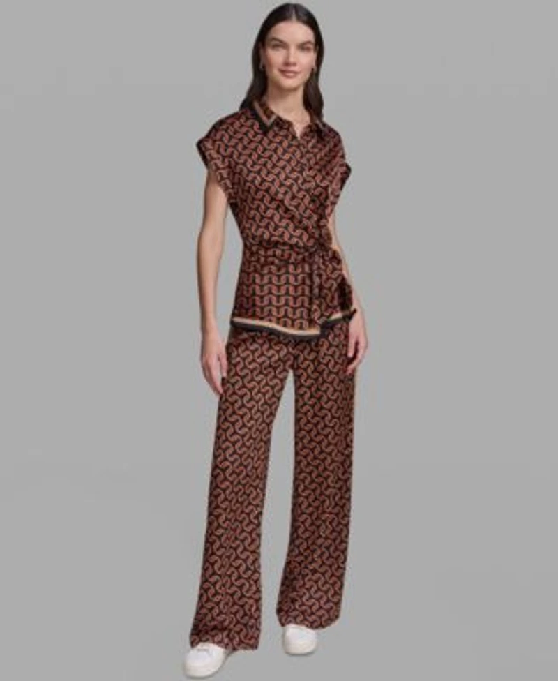 Karl Lagerfeld Paris Womens Geometric Print Satin Button Front Blouse Polka Dot Satin Straight Leg Pants