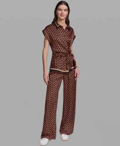 Karl Lagerfeld Paris Womens Geometric Print Satin Button Front Blouse Polka Dot Satin Straight Leg Pants