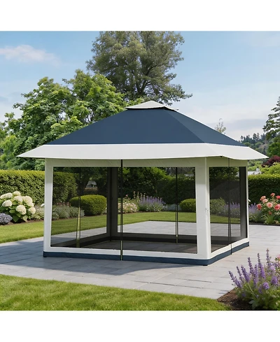 homfan 12 x Feet Cantilevered Folding Shelter With Roll-Up Eaves And Mesh Sidewalls, Pop-Up Patio Canopy For Backyard