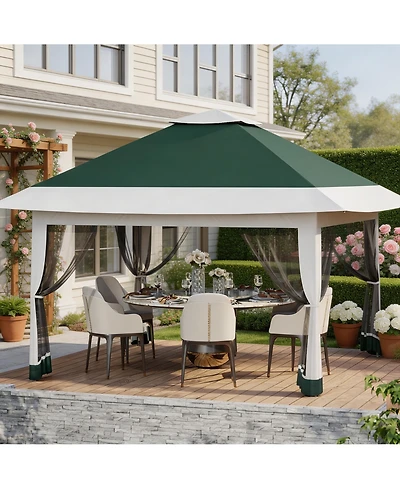 homfan 12 x 12 Feet Cantilevered Folding Shelter With Roll-Up Eaves And Mesh Sidewalls, Pop-Up Patio Canopy For Backyard