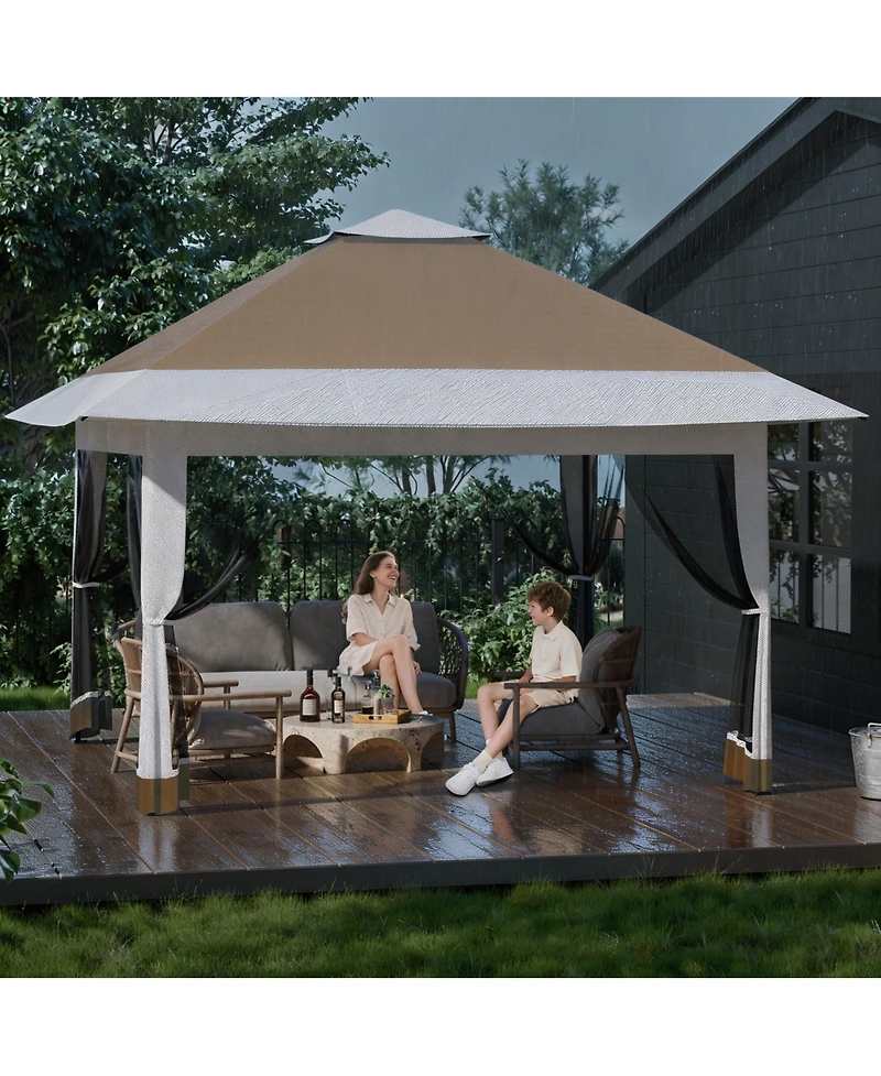 homfan 12 x Feet Cantilevered Folding Shelter With Roll-Up Eaves And Mesh Sidewalls, Pop-Up Patio Canopy For Backyard
