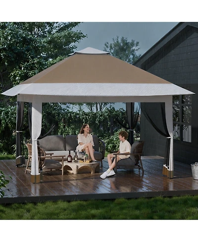 homfan 12 x Feet Cantilevered Folding Shelter With Roll-Up Eaves And Mesh Sidewalls, Pop-Up Patio Canopy For Backyard