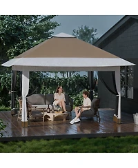 homfan 12 x Feet Cantilevered Folding Shelter With Roll-Up Eaves And Mesh Sidewalls, Pop-Up Patio Canopy For Backyard