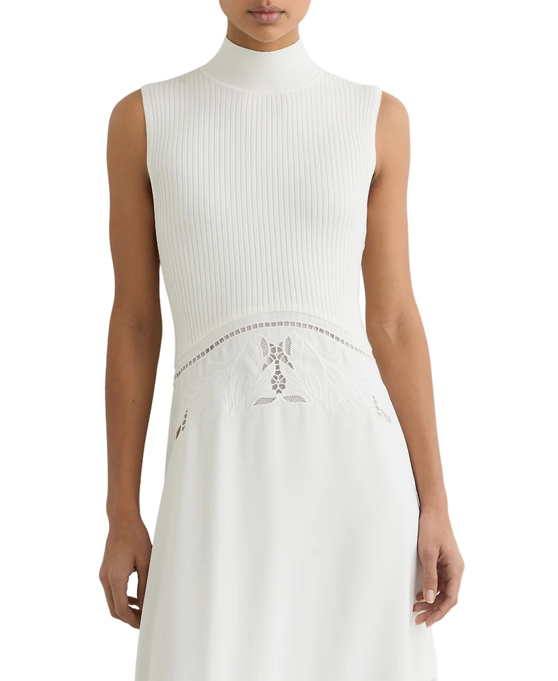 Reiss Women's Rib-Knit Mix Broderie Midi Dress