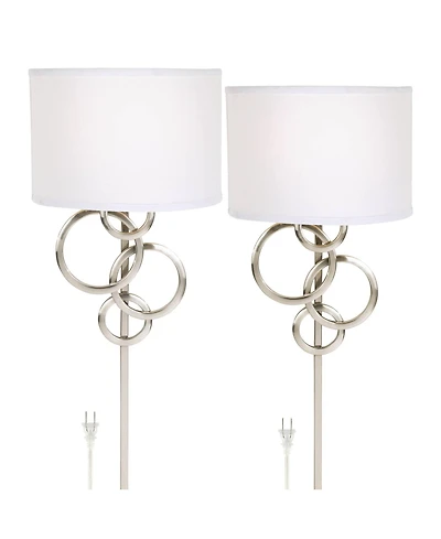 Possini Euro Design Circles Modern Wall Light Sconces Set of 2 Brushed Nickel Plug-in 12" Fixture Cotton Shade for Bedroom Reading House
