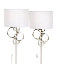 Possini Euro Design Circles Modern Wall Light Sconces Set of 2 Brushed Nickel Plug-in 12" Fixture Cotton Shade for Bedroom Reading House