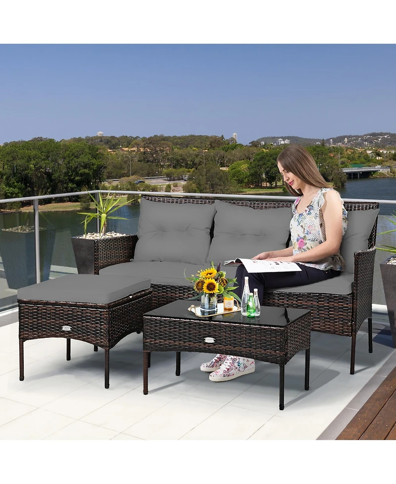 Costway 3PCS Patio Rattan Furniture Set 3-Seat Sofa Cushioned Table Garden