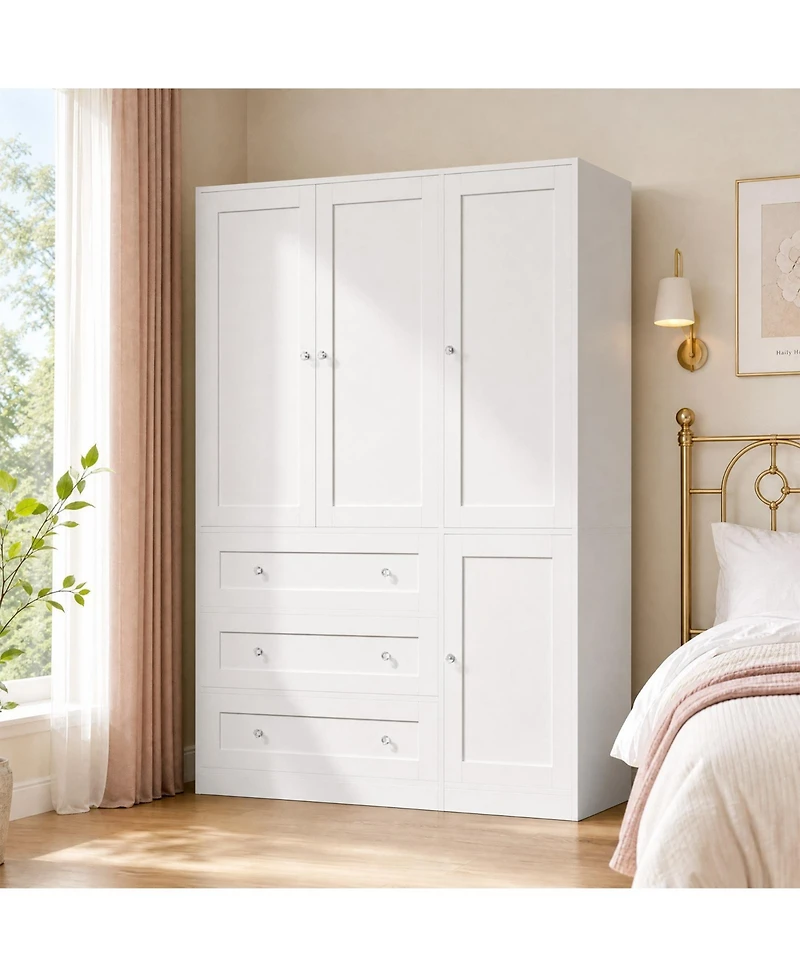 gaomon Wooden Armoire Wardrobe Closet, 71''H Large Clothing Storage Cabinet with Handing Rod and 3 Drawers, Armoire Clothes Organizer for Bedroom