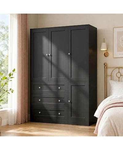 gaomon Wooden Armoire Wardrobe Closet, 71''H Large Clothing Storage Cabinet with Handing Rod and 3 Drawers, Clothes Organizer for Bedroom