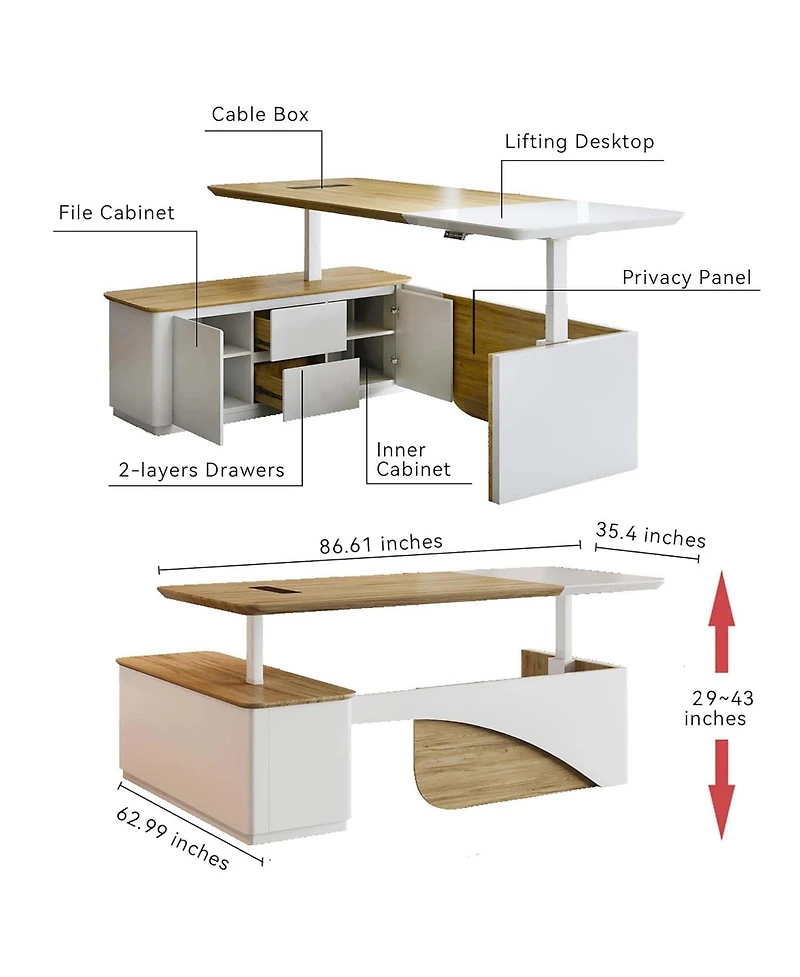 logicfox Executive Office Desk Adjustable Height with Drawers Outlet Storage Shelve