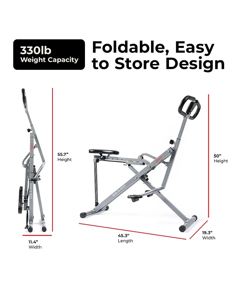 Sunny Health & Fitness Row-n-Ride Squat Machine with Adjustable Resistance and Seating/Handle for Glutes Training, SunnyFit App & 300LB Capacity