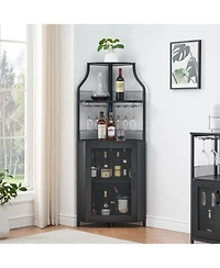 gaomon Corner Wine Cabinet with Detachable Wine Rack, 5-Tier Industrial Corner Bar Cabinet with Barn Door and Glass Holder, Farmhouse Buffet Cabinet
