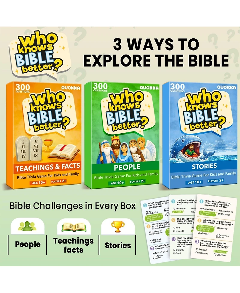 Quokka Trivia Card Games for Family - Bible and Generations Collections with 300 to 900 Questions Game Night Sunday School