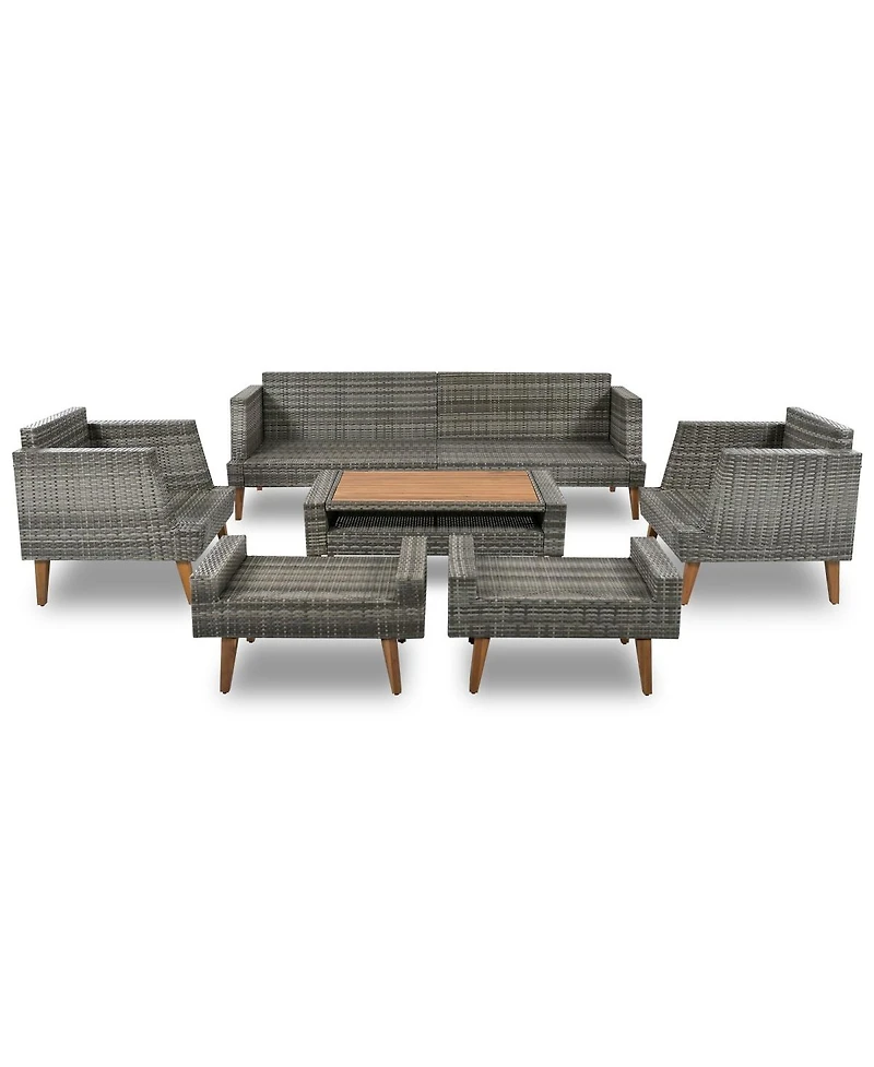 Asagikoiai Outdoor Rattan Conversation Set 6 Pieces All-Weather Pe Wicker Furniture with Wood Table Asagikoiai