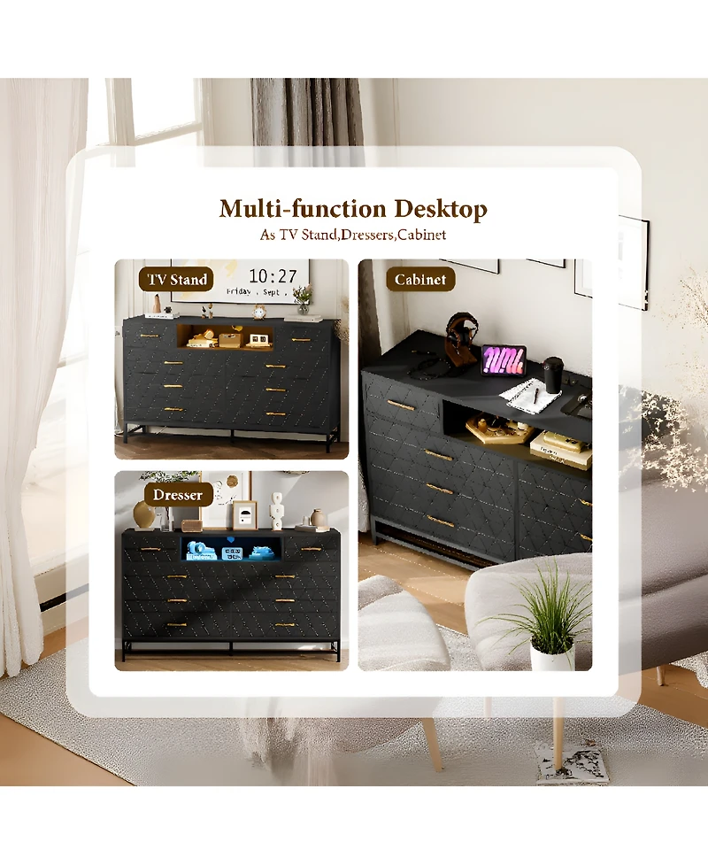 homfan 8 Drawer Dresser with Charging Station and Led Lights, Diamond-Panel Drawers and Open Compartments, Bedroom or Media Console Storage