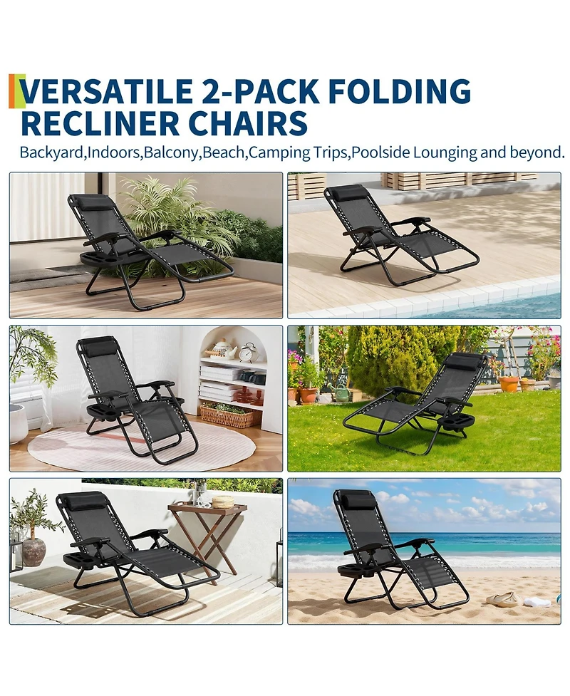 homfan 2 Piece 42-Inch Lounge Chairs with Cup Holder. Metal Frame Outdoor Recliner Set for Patio Garden. Textilene Fabric