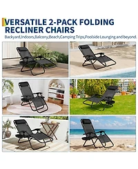 homfan 2 Piece 42-Inch Lounge Chairs with Cup Holder. Metal Frame Outdoor Recliner Set for Patio Garden. Textilene Fabric