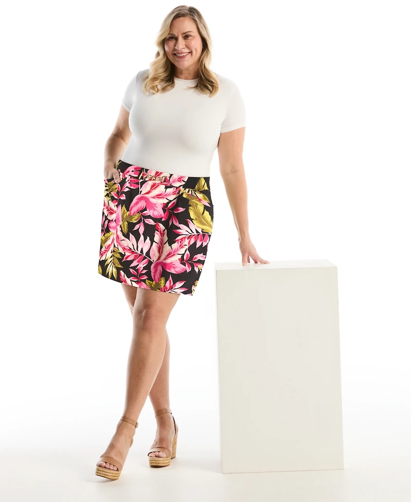 Rafaella Women's Plus Tropical Horse Bit Belted Skort
