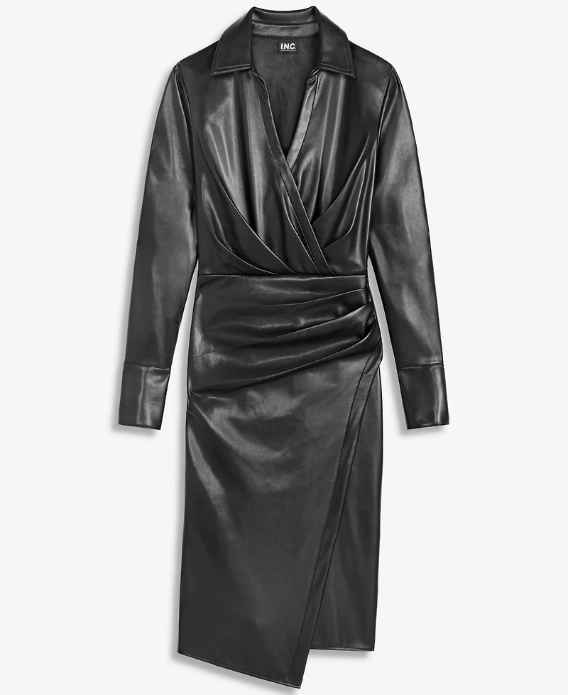 I.n.c. Women's Long-Sleeve Faux Leather V-Neck Dress, Macy's Exclusive