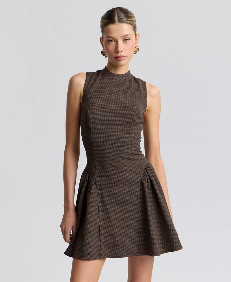 Avec Les Filles Women's Stretch Plaid Mock Neck Flounce Mini Dress
