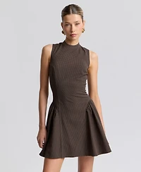 Avec Les Filles Women's Stretch Plaid Mock Neck Flounce Mini Dress