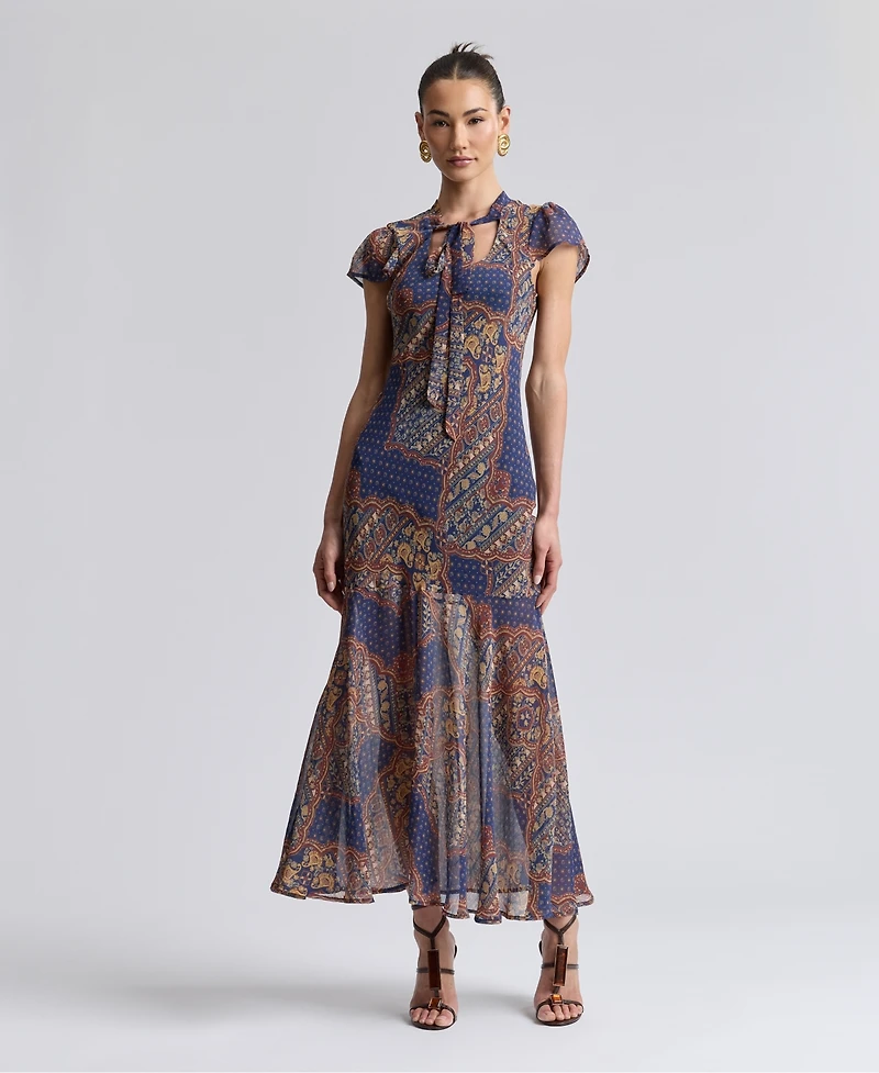 Avec Les Filles Women's Scoop Neck Tie Detail Godet Maxi Dress