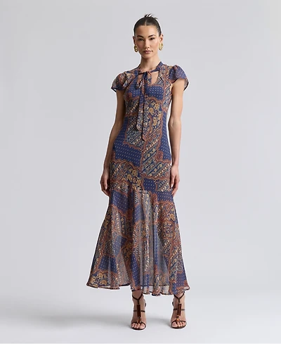 Avec Les Filles Women's Scoop Neck Tie Detail Godet Maxi Dress