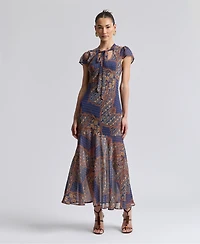 Avec Les Filles Women's Scoop Neck Tie Detail Godet Maxi Dress