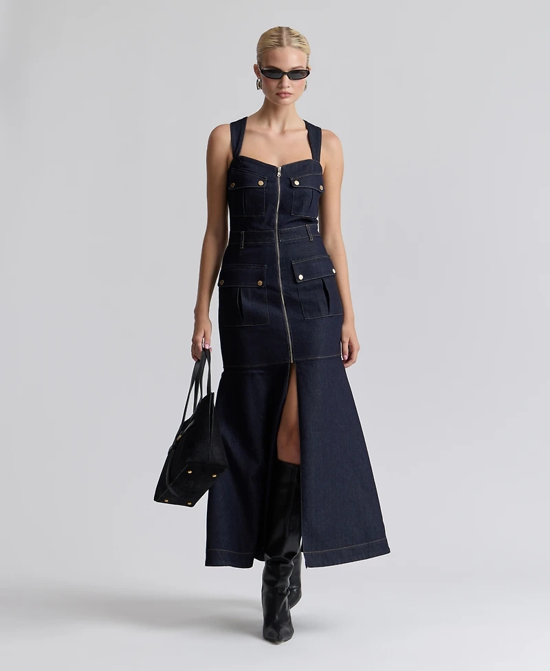 Avec Les Filles Women's Stretch Denim Cargo Zip-Front Midi Dress