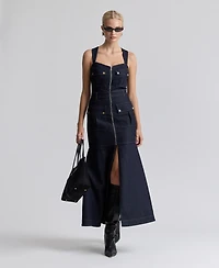 Avec Les Filles Women's Stretch Denim Cargo Zip-Front Midi Dress