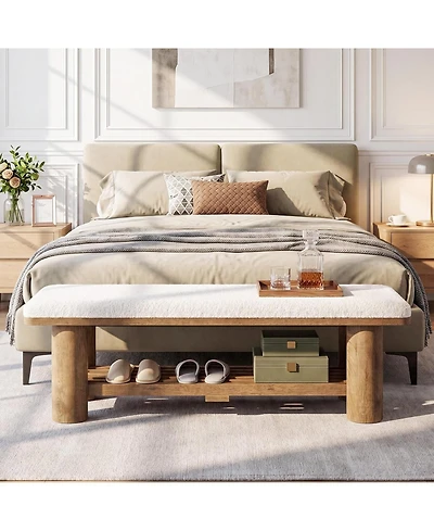 Tribesigns End of Bed Bench with Faux Lamb Wool Cushion for Bedroom, 62.9-Inch Wooden Upholstered Storage Bedroom Bench with Shoe Rack