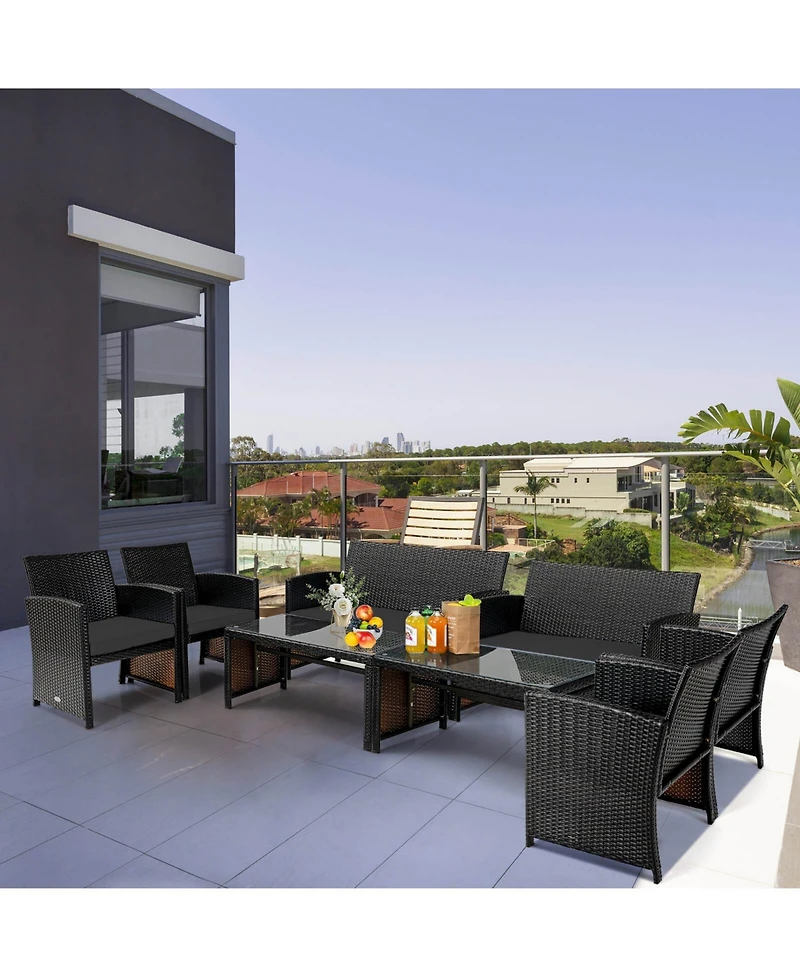 4PCS Patio Rattan Furniture Set Cushioned Chair Sofa Coffee Table