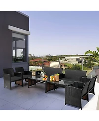 4PCS Patio Rattan Furniture Set Cushioned Chair Sofa Coffee Table
