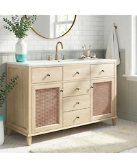 Phying 48 Inch Natural Rattan Bathroom Vanity Solid Wood Frame Bathroom Storage Cabinet with 5 Drawers 2 Rattan Cabinet Doors and Premium Ceramic Sink